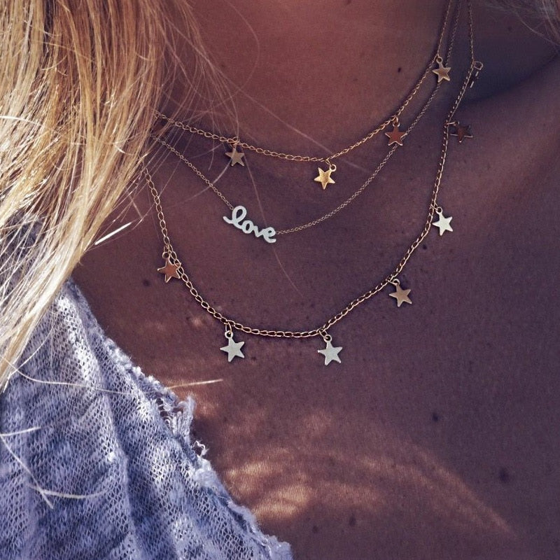 Multi-layer love and star necklace